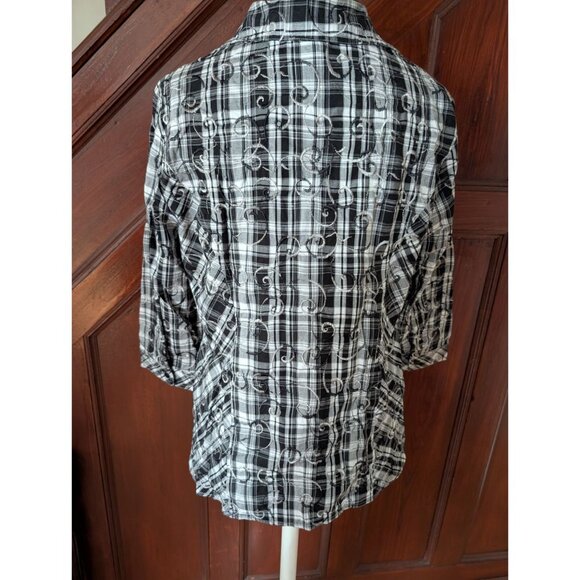 Christopher Banks Black & White Plaid Zip-Up Shirt  Embroidered Swirls Womens L - Picture 2 of 8